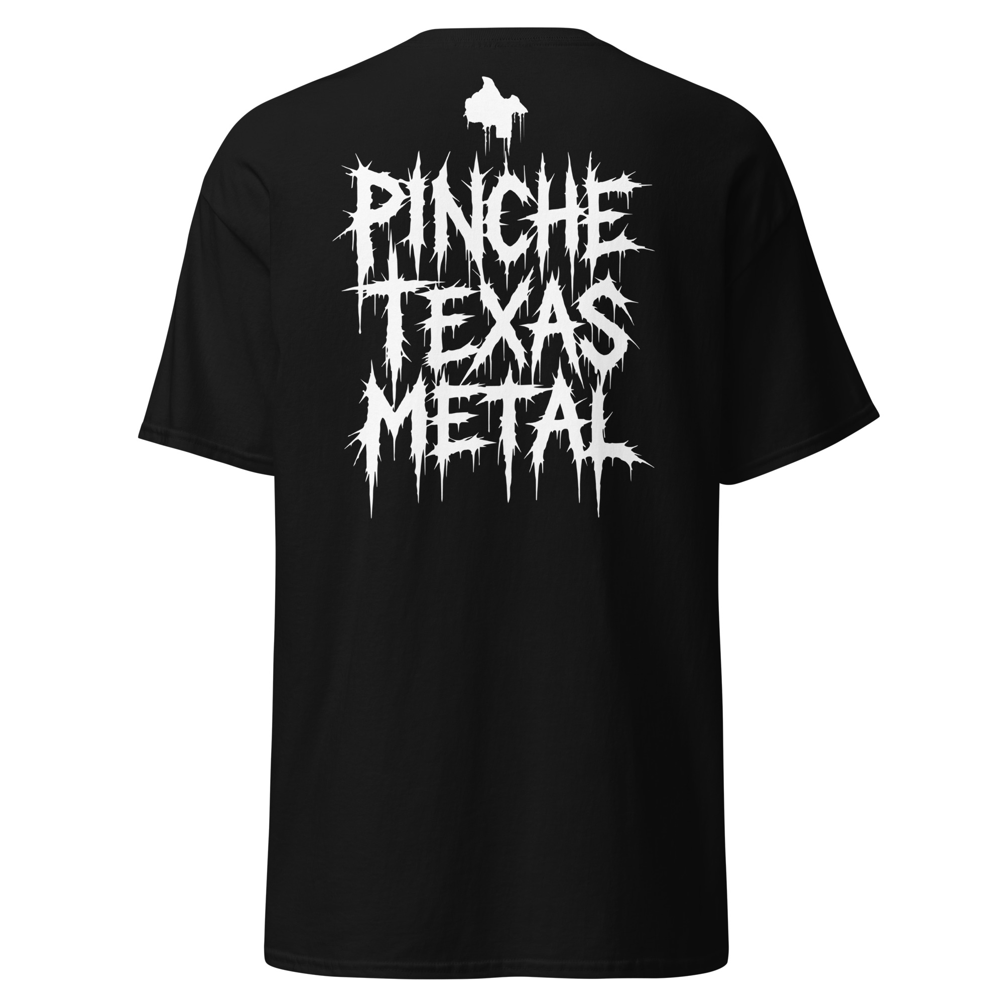 Skinus black tee, back view with Pinche Texas Metal artwork