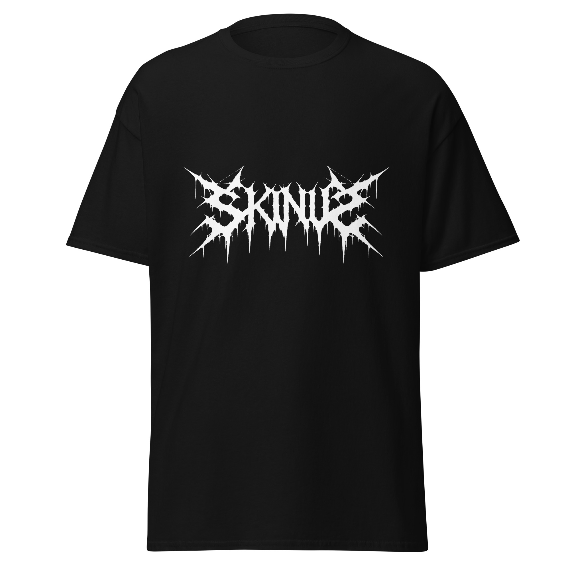 Skinus black tee, front view with white Skinus logo