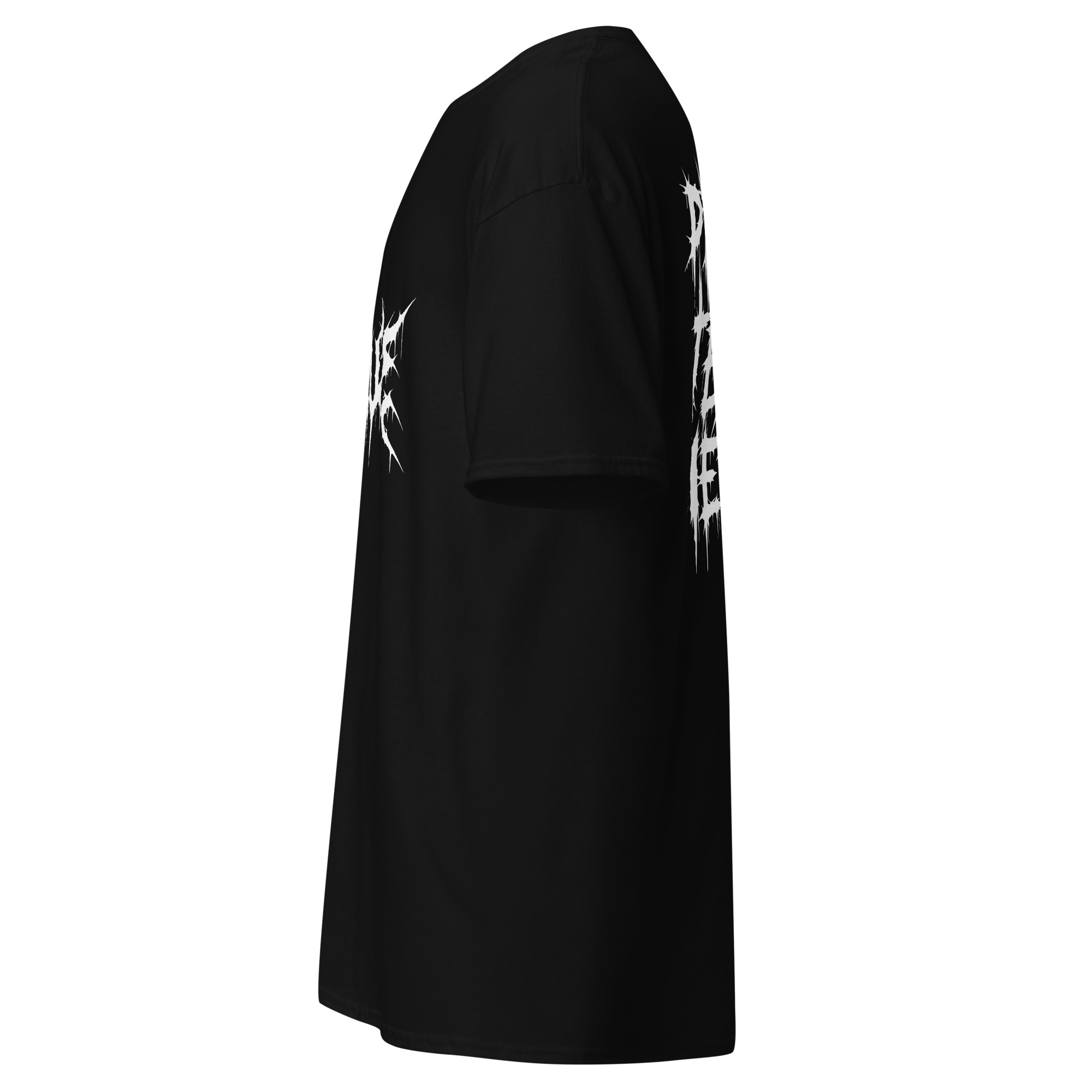 Skinus black tee, left side view