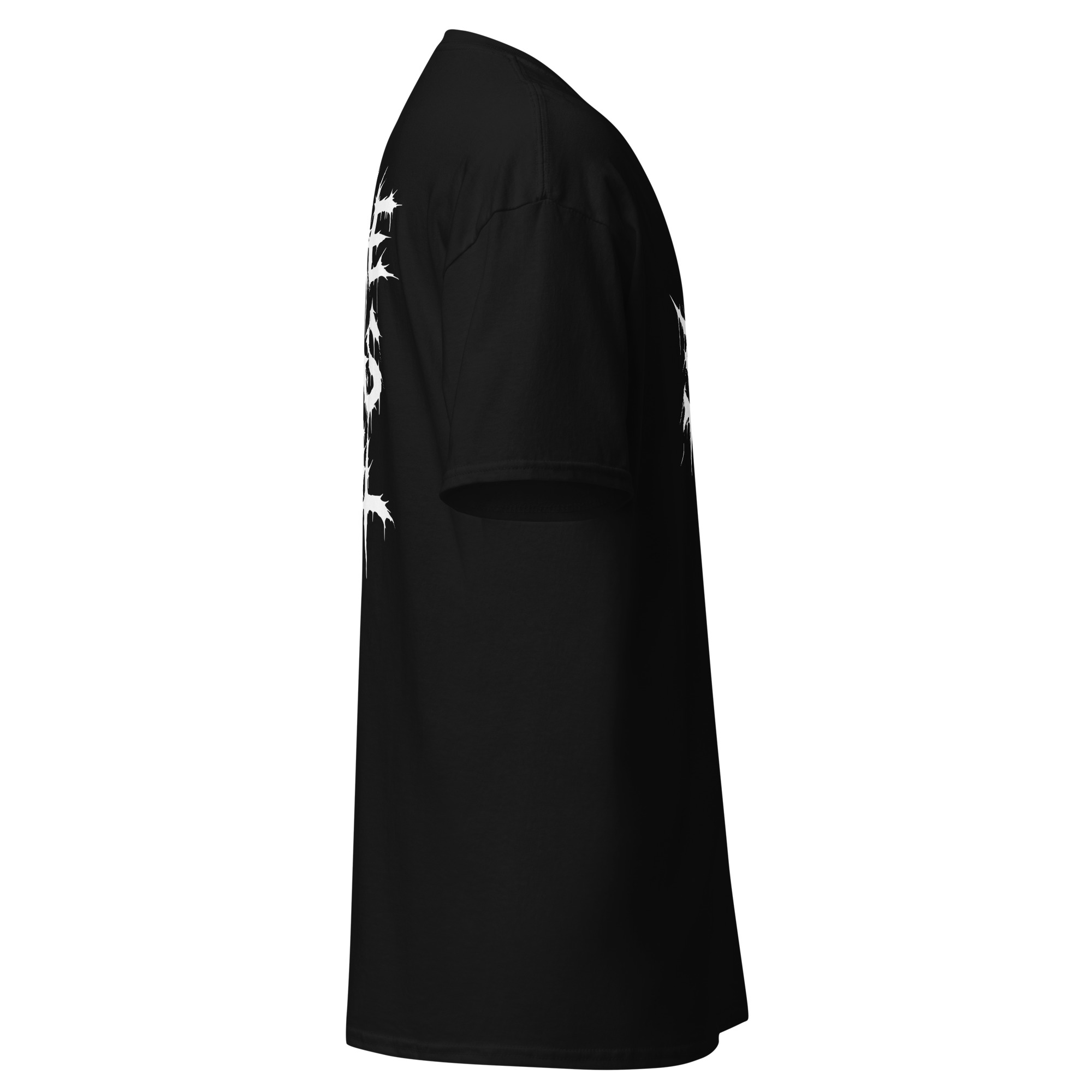 Skinus black tee, right side view